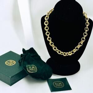 Vintage RLM Studio Gold Statement Necklace Polished Bronze Chain w/Dust Bag, Box